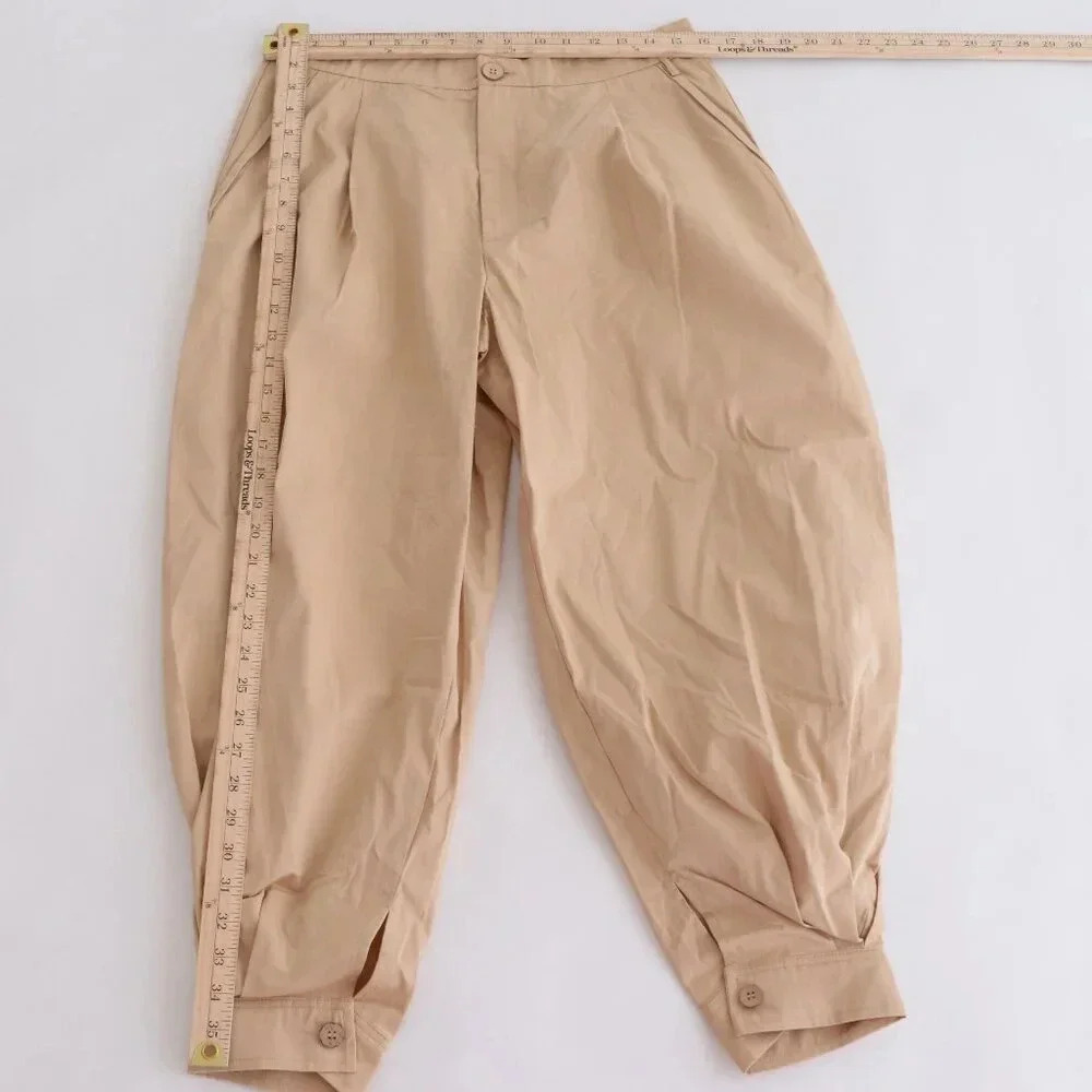 Free People Beige 100% Cotton Balloon  Palazzo Baggy Pleated Crop Pants 6 - Picture 4 of 12